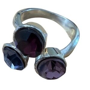 Silver Tone Three Stone Crystal Bypass Ring Purple Lavender Blue Appox 7